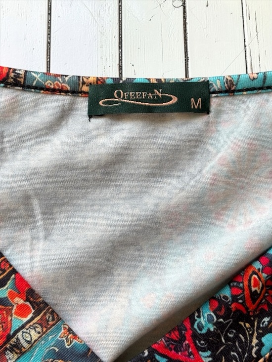 Ofeefan Teal Boho Jersey Knit Blouse Size Medium V-Neck 3/4 Sleeve Paisley Medal - Picture 2 of 6